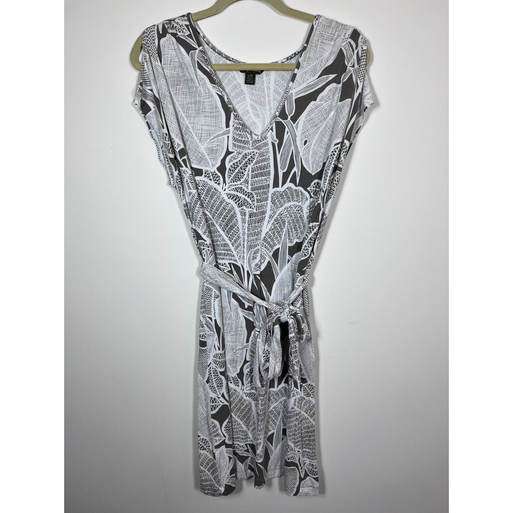 Tommy Bahama Tropical Leaf Tie Waist Dress Large Gray White Stretch Midi Viscose